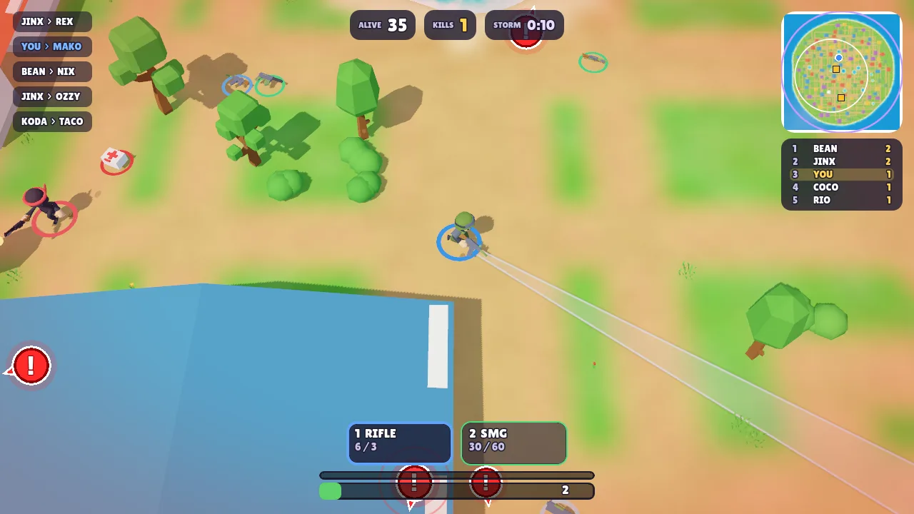 A firefight in the fields, with the minimap and kill feed